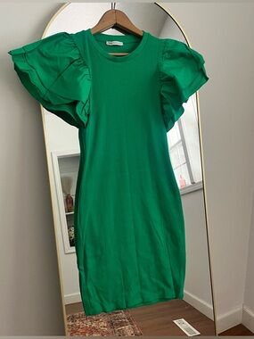 ZARA Green Ribbed Dress with Ruffle Sleeves